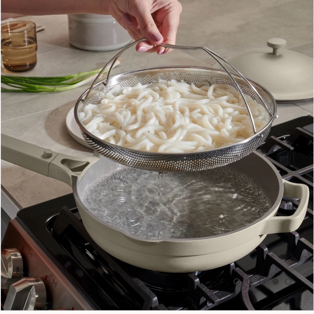 NWOB Our Place Forever Non Stick Pan Strainer Wooden Spoon Beige Pot 10.5 in - Picture 4 of 16